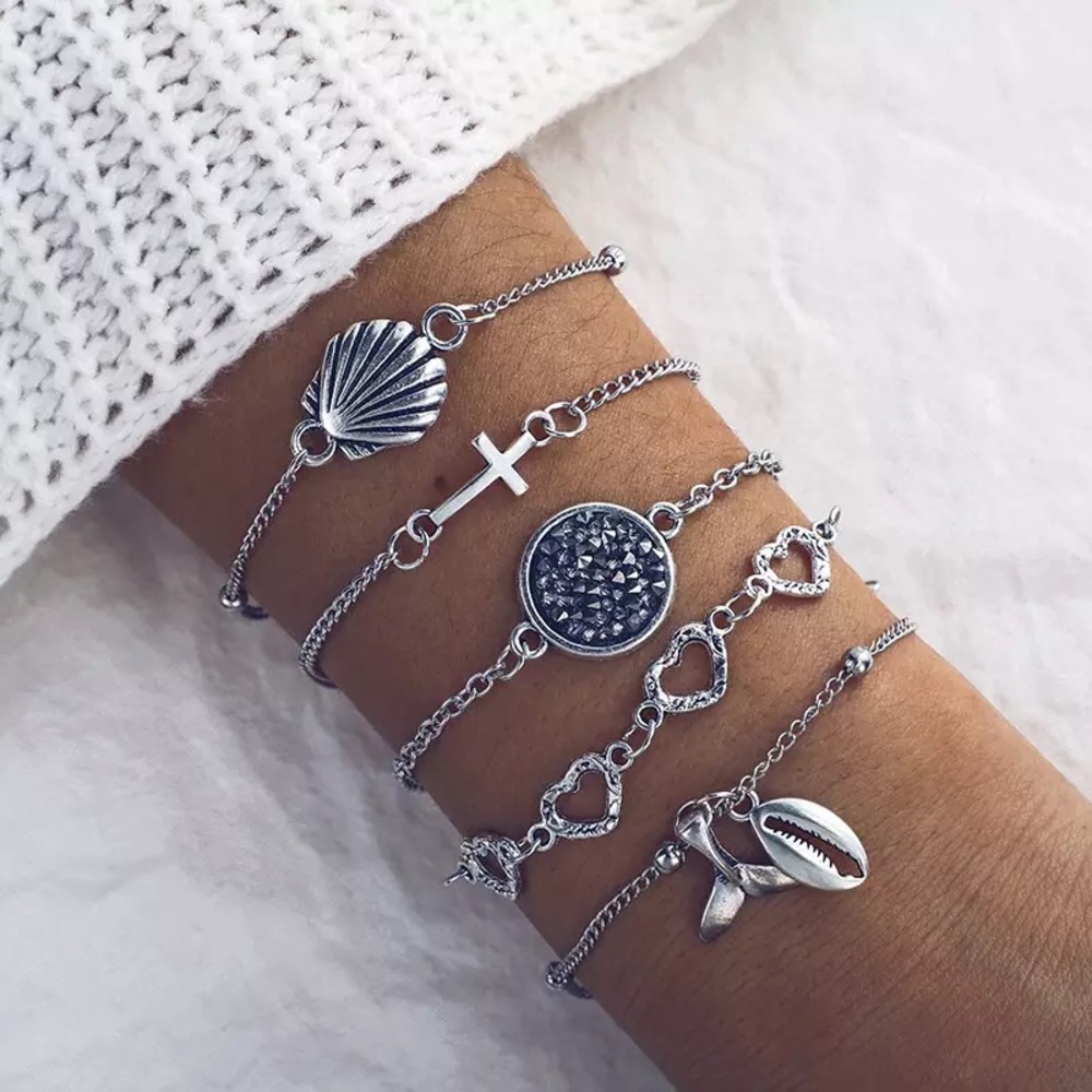 Sea shell druzy cross layered stacked bracelet set